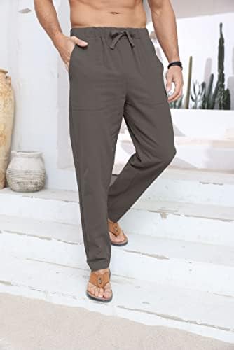Seganup masculino de linho de algodão ioga calça casual cintura elástica de cordão com calças de pajama de bolso Beach