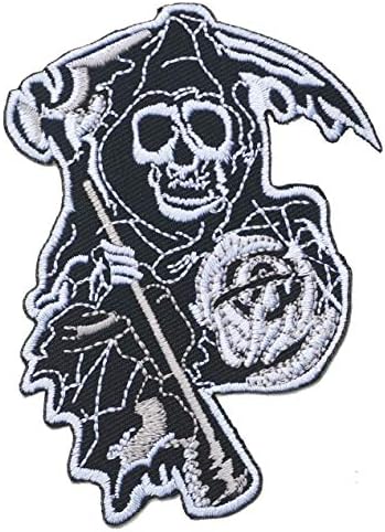 Ferro de ceifador de poeira graphic em pó de reaper em remendo bordados de squetão de squetão de squetão de motociclista Black