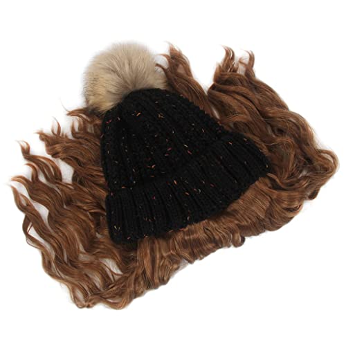 Yfqhdd moda feminina chapéu de cabelo preto chapéu de malha preto peruca longa peruca marrom e chapéu