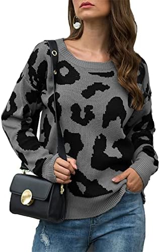 Suéter de malha feminina de malha de inverno o-pescoço de leopardo pullover de manga comprida suéter de manga longa moletom cinza