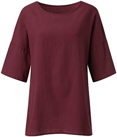 T-shirt feminina de linho de linho de algodão 3/4 de manga de verão sólida color