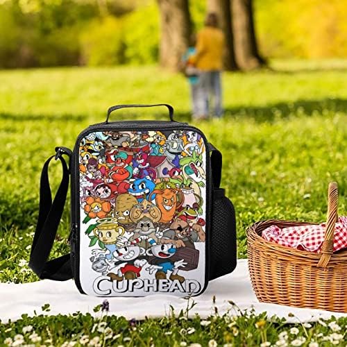 Woodyotime Cuphead & Mugman Show bolsa de lancheira Bolsa de comida para meninas meninas com zíper e bolso lateral e alça