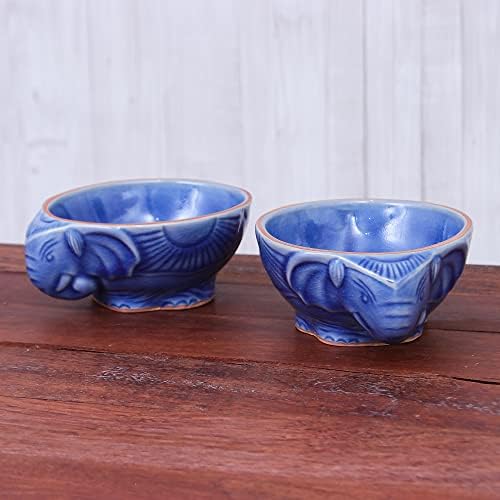 Novica Elephant Companion in Blue Celadon Ceramic Bowls