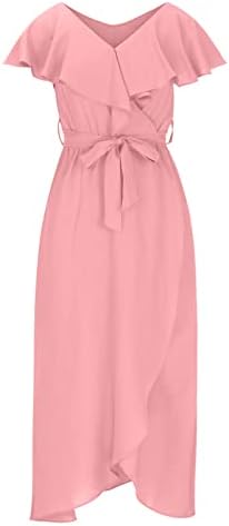 Lmdudan Women Summer Wrap Maxi Dress Trendy Solid Color V pescoço de manga curta com cinto de vestidos longos de bainha