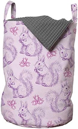 Bolsa de lavanderia violeta lunarável, esquilos detalhados que comem porcas padrão Estação de animal inspirada no outono estampa