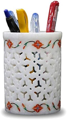 Handicraft- Store Agra elegante portador de utensílios de barro de mármore branco e suporte de caneta