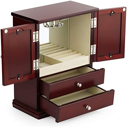Caixa de organizador de jóias de madeira A&A com molduras de imagens 2 gavetas Caixa de armazenamento para mulheres marrom