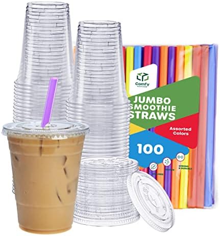 Pacote confortável [100 conjuntos - 16 onças. Copos de plástico cristalino com tampas e canudos planos - Copos de bebida clara