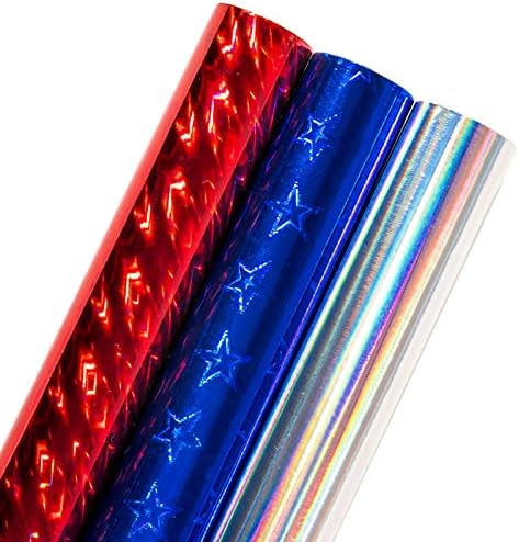 LEZAKAA HOLOGRAFIOM PAPER ROLO - MINI ROLO - Estrela azul/listra vermelha/cores prateadas para o dia da independência, aniversário, feriado - 17 x 120 polegadas - 3 rolos