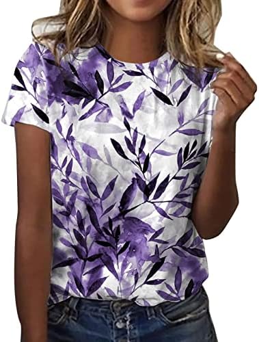 Adpan feminino diariamente folhas impressas o Tampo de pescoço camisetas de manga curta Camisas de treino casual camisetas camadas em camadas mulheres
