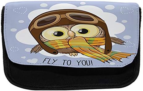 Caixa de lápis de corujas lunarable, pássaro de desenho animado em um chapéu piloto, bolsa de lápis de caneta com zíper duplo,