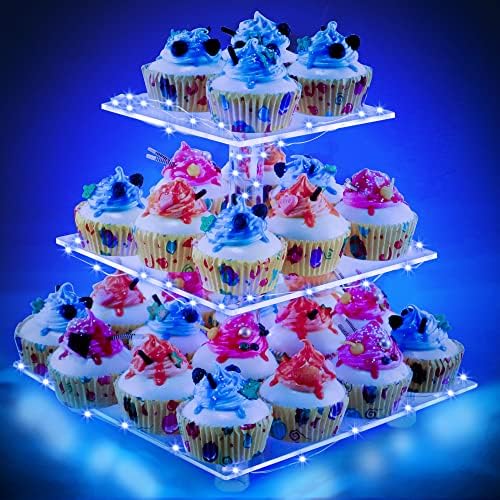 Premium acrílico 3 cupcakes de camada com luzes de mesa transparente para exibição adequada para biscoitos, bolos, copos de brownie