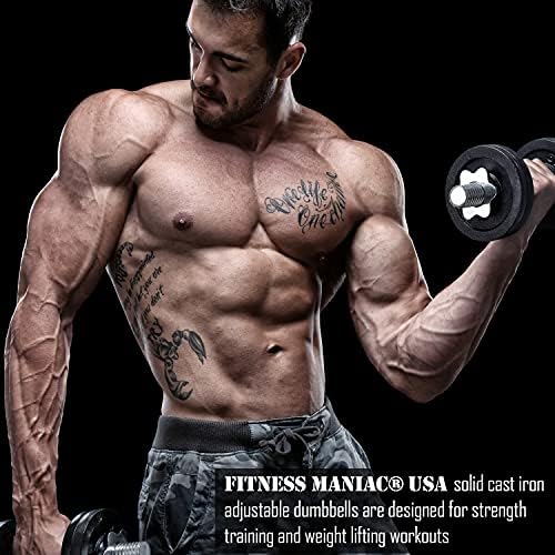 Fitness Maniac USA 105 libras halteres ajustáveis ​​Definir placas de peso de ferro fundido sólido, ótimo para treinamento de força, levantamento de peso, musculação e levantamento