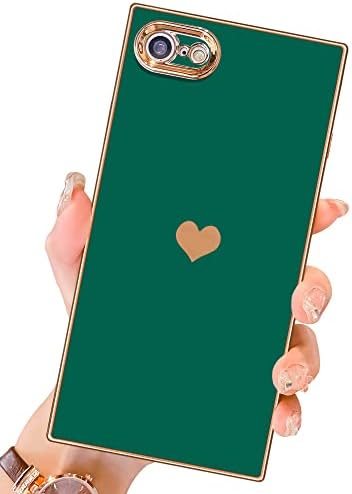 MTBACON Compatível com o iPhone SE Case 2022/2020, iPhone 8 Case, iPhone 7 Case, Electroplate Edge Bumper Square Case para iPhone SE 8 7 4,7 polegadas, Caso de choque de coração fofo para mulheres meninas - Verde escuro verde escuro - escuro