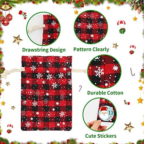 Bolsas de calendário do advento de Natal - 24 dias de pano de algodão pendurado na contagem regressiva bolsas de cordão