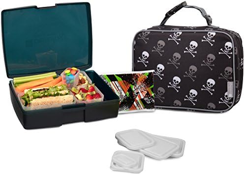 lancheira de entologia e caixa definida para crianças - garotos de lancheira isolada, caixa de bento, 5 recipientes e pacote de gelo - 9 peças - crânios piratas