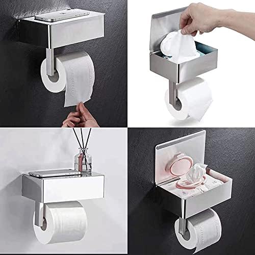 Lxosff tocador de papel higiênico com prateleira de telefone, sus 304 porte de papel higiênico de parede de aço inoxidável, suporte de papel higiênico adesivo de banheiro com prateleira
