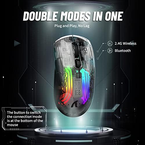 Mouse de jogos sem fio com design transparente completo ， Modo duplo 2.4g/mouse Bluetooth, iluminação backlit 3D RGB, mouse silencioso