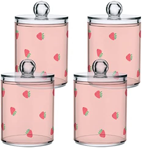 Yyzzh Red Strawberry Pattern Summer Fruit em rosa 4 Pack Pack Qtip Dispenser para algodão Swab Ball Round Pads Floss 10 oz Jarço de boticário Conjunto para organizador de maquiagem de armazenamento de banheiro