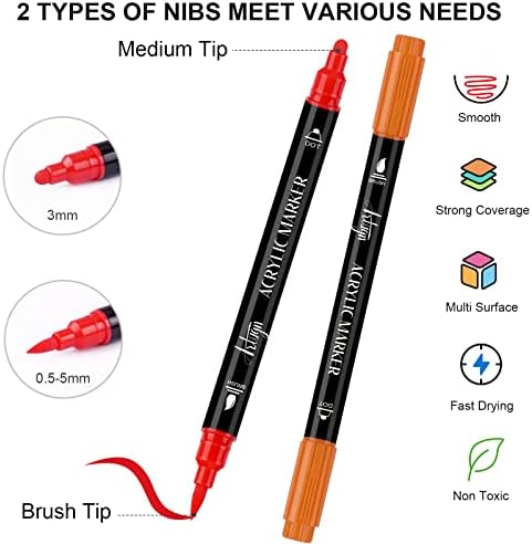 36 Cores canetas de tinta acrílica, canetas de ponta dupla com ponta média e ponta da escova, marcadores de pintura para pintura de