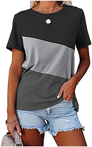 NXXYEEL Feminino Manga curta camisetas Camisetas Crew Block Color Block Tops casuais verão Basic Loose Fit Tees