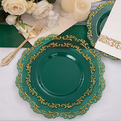 Plote 175pcs Placas de plástico verdes transparentes e talheres de plástico dourado e xícaras verdes transparentes e guardanapos