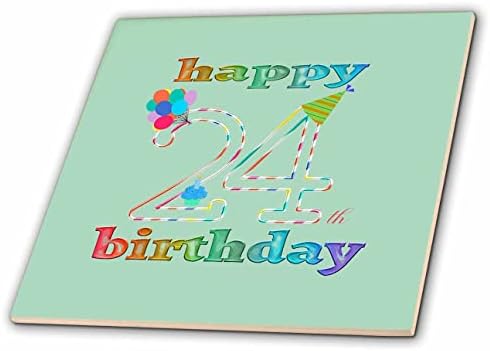 3drose feliz 24º aniversário, cupcake com vela, balões, chapéu, colorido - azulejos