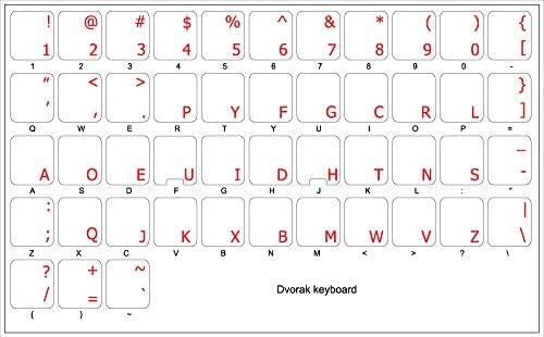 Dvorak simplificou etiquetas de teclado com letras vermelhas em fundo transparente