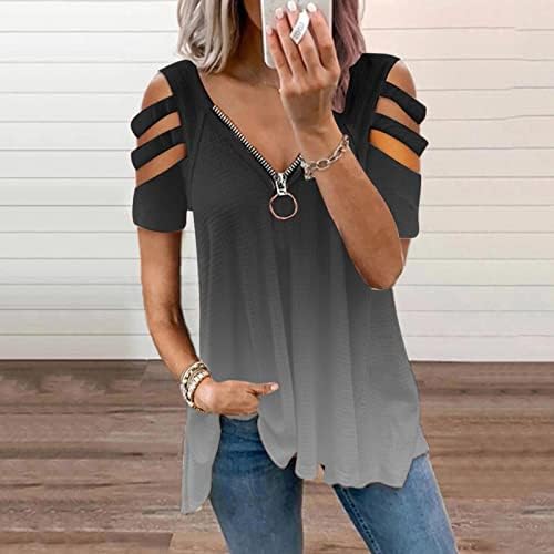 Tops femininos de verão gradiente casual camiseta zíper hollow tops sexy profead v pescoço blusas tees de verão tamis de verão