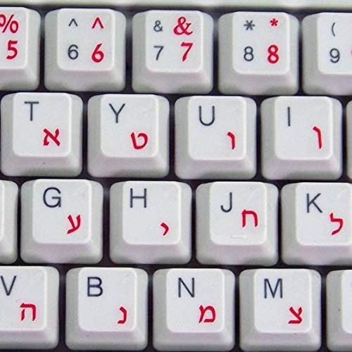Layout de etiquetas de teclado hebraico em fundo transparente com letras azuis, pretas, verdes, vermelhas, brancas ou amarelas