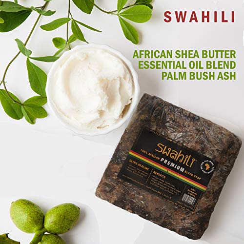 Sabão preto de Swahili Africano Raw com manteiga de karité 8 oz - todos naturais, orgânicos e não refinados. Perfeito para acne, pele seca, eczema, psoríase e cicatrizes.