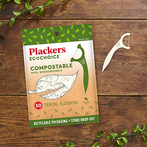 Plackers Ecochoice Compostable Dental Flossers, de origem sustentável, BPA livre de embalagens recicláveis, sabor natural da