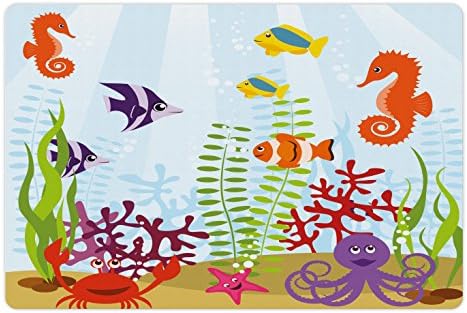 Tapete de animais de estimação de aquário lunarable para alimentos e água, animais marinhos amigáveis ​​do Habitat Tropical Habitat Grupo Seahorse Crab Octopus, retângulo de borracha sem deslizamento para cães e gatos, multicoloria