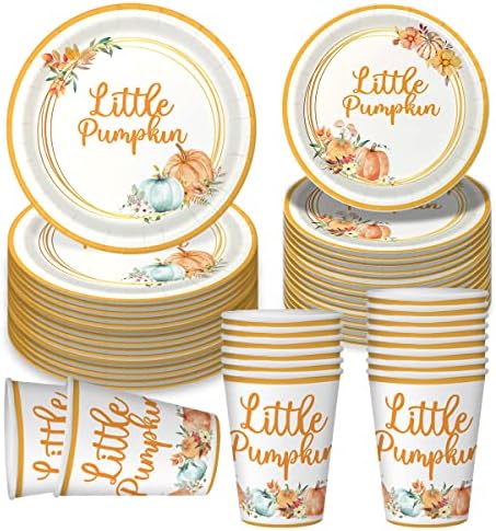 Little Pumpkin Baby Shower Decorações de festas Set serve 16, pequenos pratos e xícaras de chá de bebê de abóbora, uma