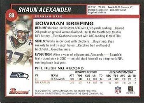 2002 Bowman Football #80 Shaun Alexander Seattle Seahawks Cartão de negociação oficial da NFL da Topps Company