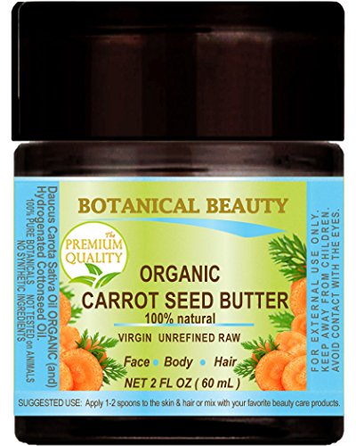 Óleo de semente de cenoura orgânica - manteiga crua. natural/virgem/não refinado. 2 fl oz - 60 ml. Para a pele, cabelos, lábios e cuidados com as unhas.