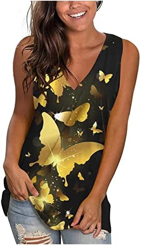 Tampas de tanques de impressão de borboleta feminina v camisetas de pescoço sem mangas summmer casual básico de coletes de ajuste solto