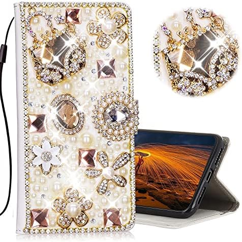 Caixa de telefone da carteira de glitter Compatível com iPhone 13 Pro Max 2021, As -Zeke 3D Série artesanal Bag Bag Stone Flor Floral Rhinestone Crystal Bling Design Caso de couro Caixa - Ouro
