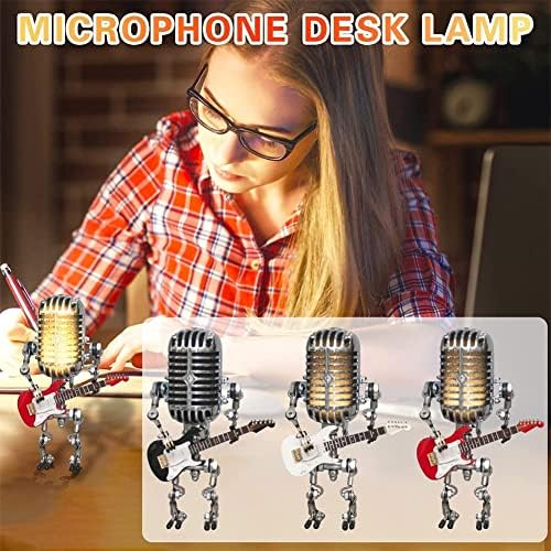 Lâmpada de mesa de robô de microfone de metal vintage com mini guitarra | Lâmpada de mesa de robô de guitarra de microfone