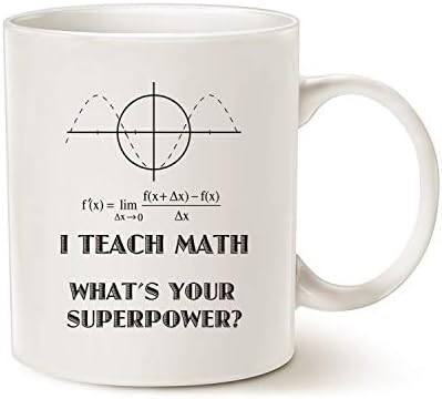 Caneca de café da Mauag Funny Professor, eu ensino matemática qual é a sua superpotência de presentes do Dia dos Professores para Professores Branco, 11 oz