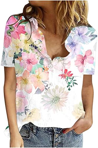 Tops de linho de algodão para mulheres Button Down V Bloups de pescoço Tops 2023 camisetas de impressão floral Busine