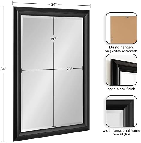 Kate e Laurel Whitley espelho de parede emoldurado tradicional, 24 x 34, preto, espelho clássico de banheiro retângulo com perfil de transição e design de borda chanfrada