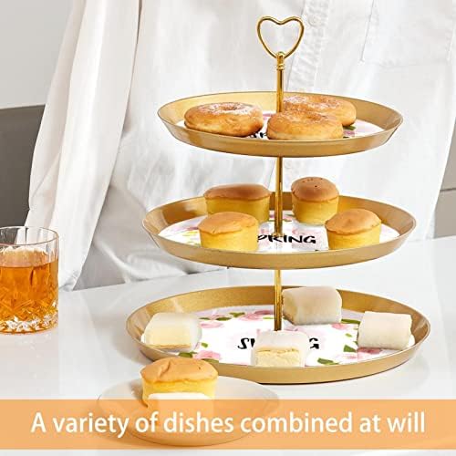 Lyetny 3 Sobessert Stand Stand Gold Cupcake Pastry Stand para festa de chá, casamento e aniversário, Spring de flor rosa