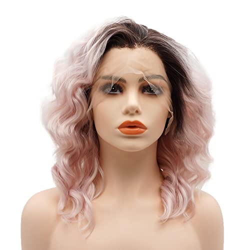 Lushy Beauty Hair Synthetic Lace Front Wig Wavy curta 14 polegada raiz escura ombre rosa peruca realista de densidade