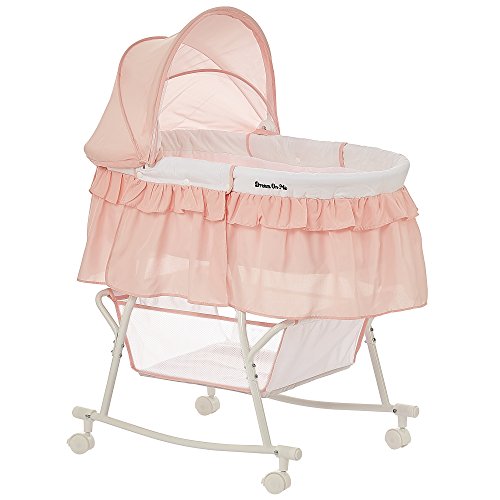 Sonhe em mim rendado portátil 2-em-1 bassinet & berço em rosa e branco, bassinete de bebê leve com cesta de armazenamento, dossel ajustável e removível