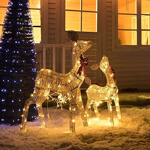Yescom 2 peças Família de veado iluminada Decoração artificial de Natal com 160 luzes LED LUZES DOR HOXANTE DE decoração do pátio