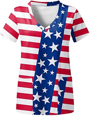 4 de julho camiseta de camiseta para mulheres bandeira dos EUA Summer Summer Manga curta camiseta em vaca em V com 2 bolsos Bloups