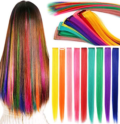 Rima 9 PCs Extensões de cabelo coloridas Clipe em 21 polegadas de extensão de cabelo multicolorida de 21 polegadas Acessórios para garotas Mulheres Destaques Party Destaques Pieces de peruca