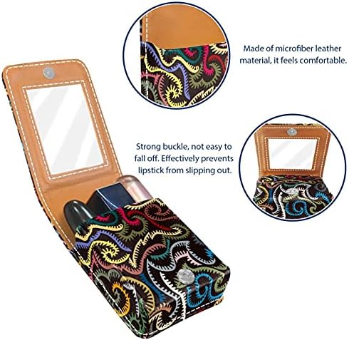 Caixa de batom colorida de linhas complicadas para viajar para fora, mini bolsa cosmética de couro macio com espelho, portátil