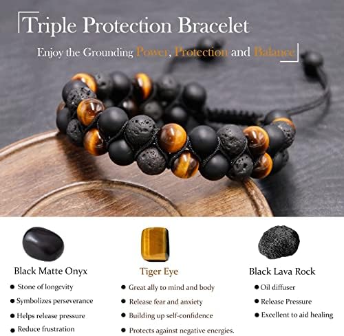 Pulseira de proteção tripla, obsidiana negra dos tigres genuínos e hematita de 8 mm de pulseira para homens, mulheres de cura de jóias pulseiras trazem sorte e prosperidade e felicidade